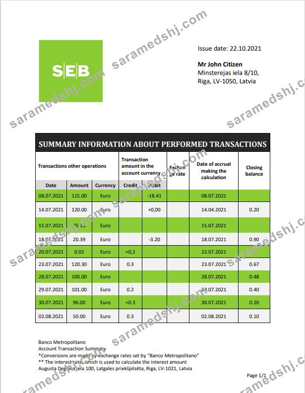Latvia SEB Bank statement template in Word and PDF format